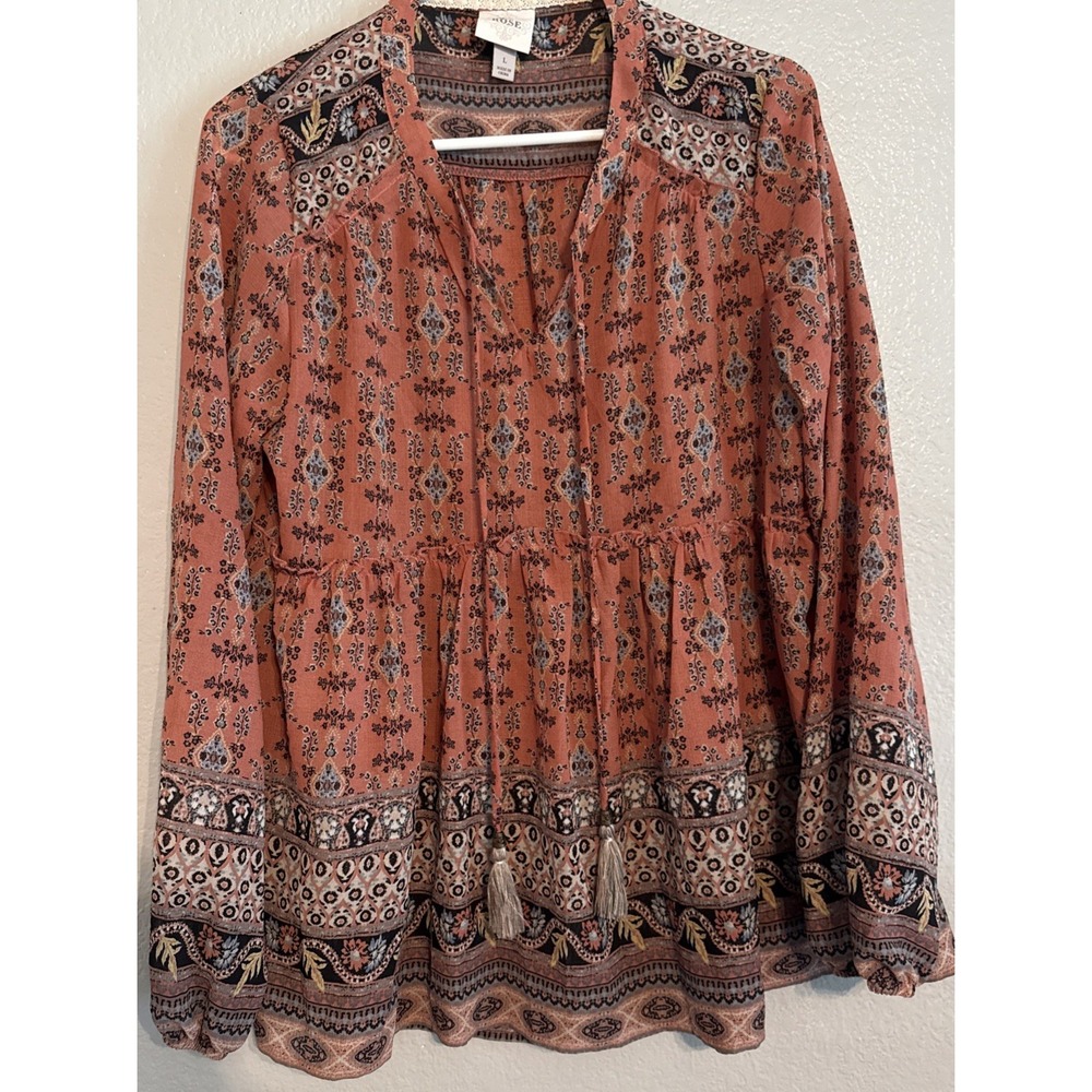 Knox Rose Boho Peasant Blouse Size L Coral Pink Floral Tassel Babydoll Top